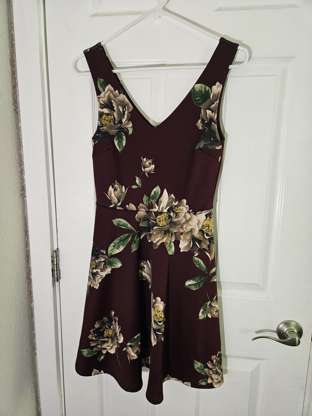 Soprano Burgundy Floral V-Neck Fit & Flare Dress